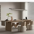 Modern Wooden Tea Table and Chairs with Tea Set and Green Plant in Minimalist Room