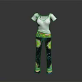 White Short Sleeved T shirt with Purple Straps and Colorful Patterned Pants with Decorative Details
