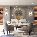 Elegant Modern Dining Table Set With Upholstered Chairs Pendant Lights And Decorative Mirror