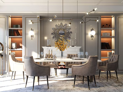 Elegant Modern Dining Table Set With Upholstered Chairs Pendant Lights And Decorative Mirror 3d model