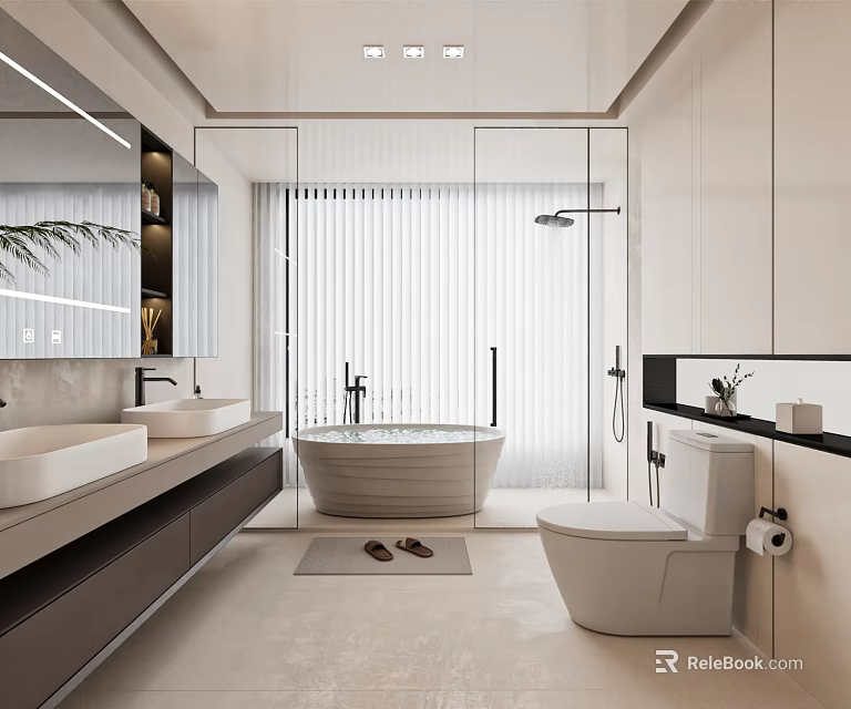 Modern Bathroom Interior With Double Sinks Bathtub Glass Shower White Fixtures And Minimalist Design 3d model 
