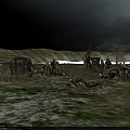 Cartoon Battlefield Scene With Soldiers Hills Flag Tree Grass Dirt And Cloudy Sky Ground