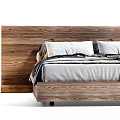Modern Wooden Double Bed With Neutral Linen Bedding Soft Pillows And Cozy Blanket