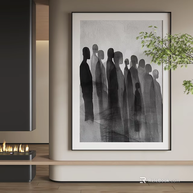 Abstract Painting Black Silhouette Standing Figures Gray Background Modern Interior Decor With Green Plant And Fireplace 3d model 