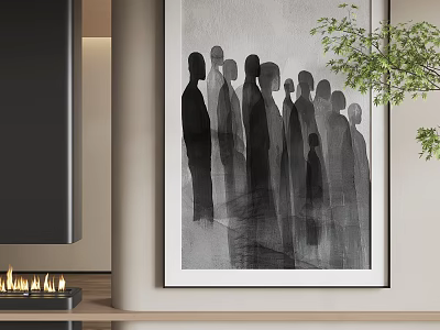 Abstract Painting Black Silhouette Standing Figures Gray Background Modern Interior Decor With Green Plant And Fireplace 3d model