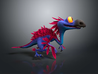 Blue Mythical Creature Character With Red Feathers Large Yellow Eyes And Black Snout 3d model