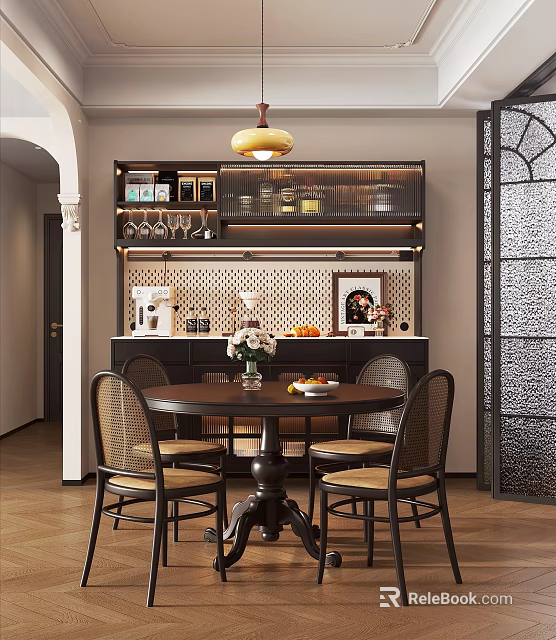 Elegant Restaurant Interior With Pendant Light Wine Rack Perforated Backsplash Round Table And Rattan Chairs 3d model 