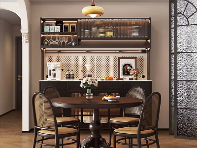 Elegant Restaurant Interior With Pendant Light Wine Rack Perforated Backsplash Round Table And Rattan Chairs 3d model