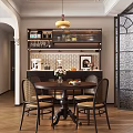 Elegant Restaurant Interior With Pendant Light Wine Rack Perforated Backsplash Round Table And Rattan Chairs