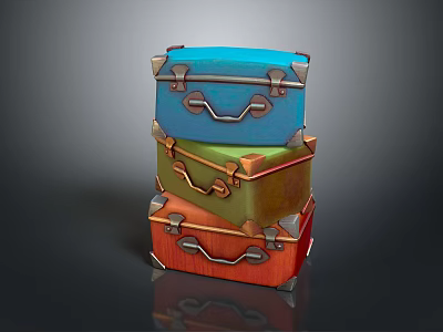 Vintage Colorful Trunks Stacked in Blue Green Orange Hues with Metal Accents 3d model