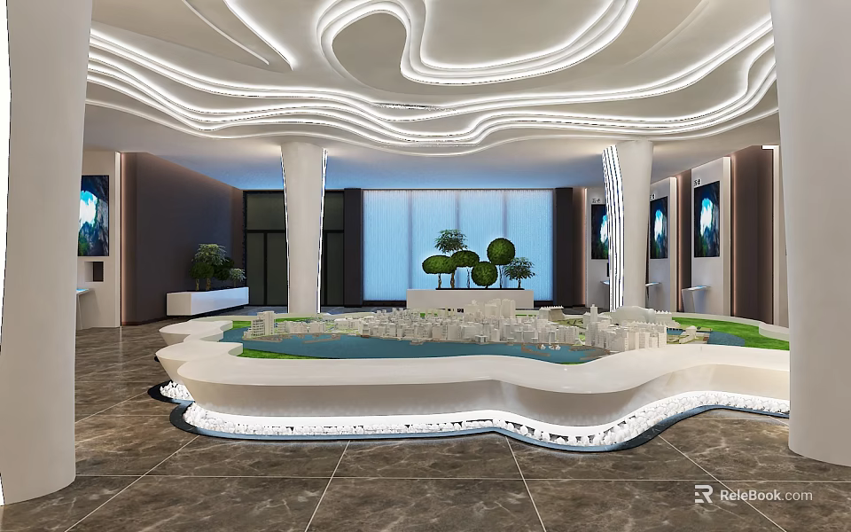 Modern Sales Office With Curved Ceiling Light Strips Large Building Model Green Plants Display Screens 3d model 