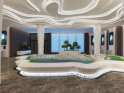 Modern Sales Office With Curved Ceiling Light Strips Large Building Model Green Plants Display Screens 3d model