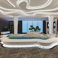 Modern Sales Office With Curved Ceiling Light Strips Large Building Model Green Plants Display Screens