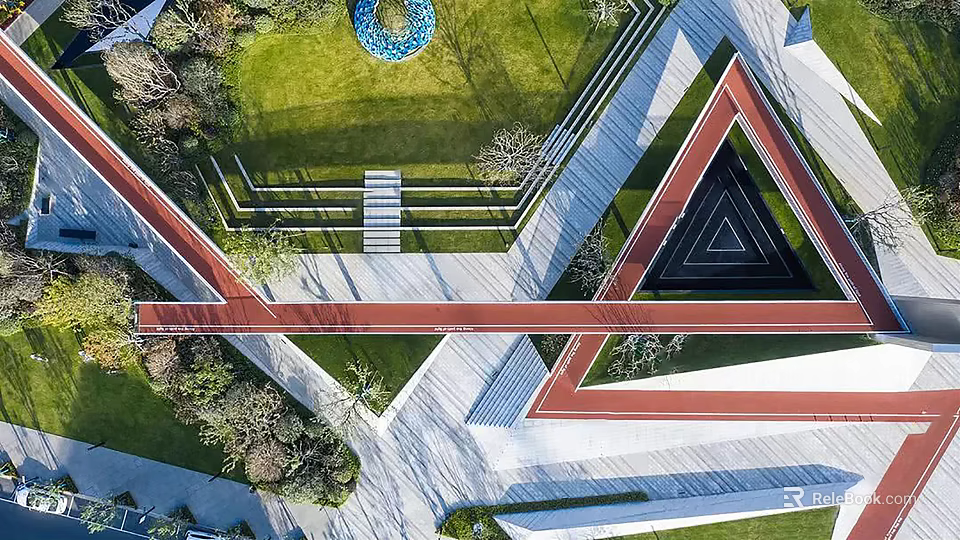 Geometric Park Landscape With Red Black Triangular Structures Green Lawn Pathways And Trees 3d model 