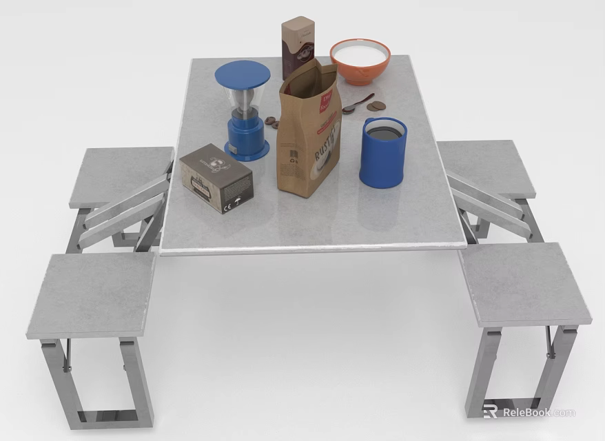 Food Setup On Outdoor Metal Table With Benches Brown Paper Bag Orange Bowl Blue Cup 3d model 