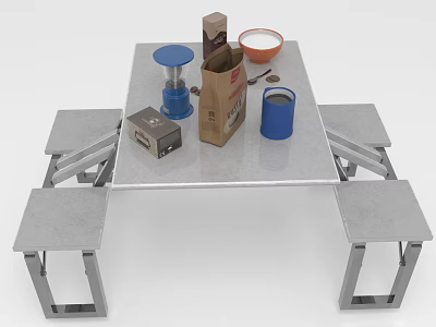 Food Setup On Outdoor Metal Table With Benches Brown Paper Bag Orange Bowl Blue Cup 3d model
