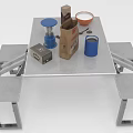 Food Setup On Outdoor Metal Table With Benches Brown Paper Bag Orange Bowl Blue Cup