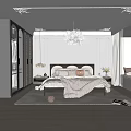 Modern Bedroom Interior With Upholstered Headboard Cozy Blanket Pillows Chandelier And Curtains