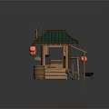 Traditional Wooden Street Food Cart With Green Roof And Red Lanterns