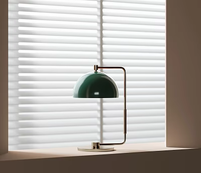 Green Dome Table Lamp With Metal Frame On Tabletop By Window With White Blinds 3d model