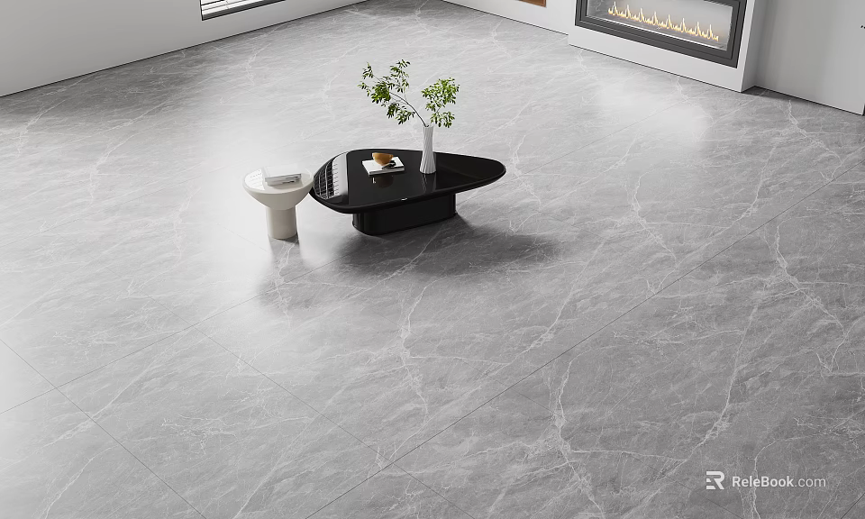 Gray Marble Pattern Floor Tiles In Modern Living Room With Coffee Table And Green Plant 3d model 