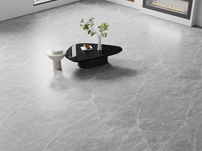 Gray Marble Pattern Floor Tiles In Modern Living Room With Coffee Table And Green Plant 3d model