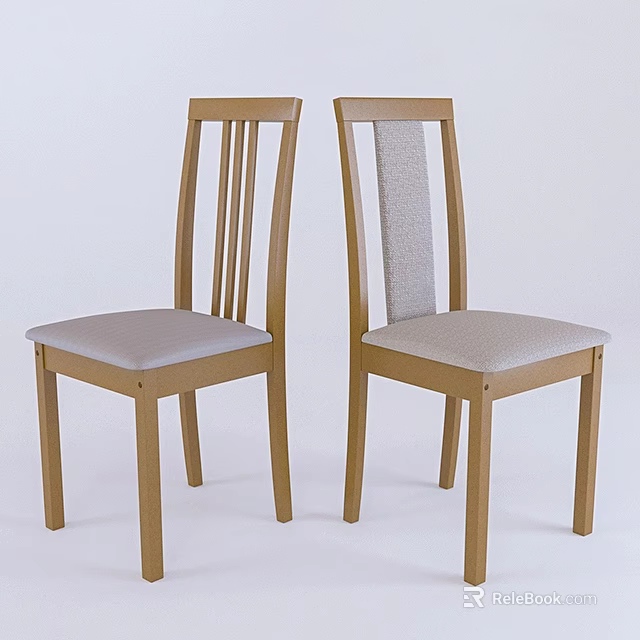 Wooden Frame Dining Chairs With Light Gray Fabric Seat And Vertical Backrest Slats 3d model 