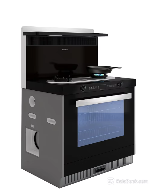Modern Black Kitchen Appliance Integrated Stove With Range Hood Oven And Glass Door 3d model 