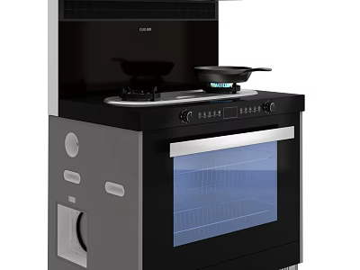 Modern Black Kitchen Appliance Integrated Stove With Range Hood Oven And Glass Door 3d model