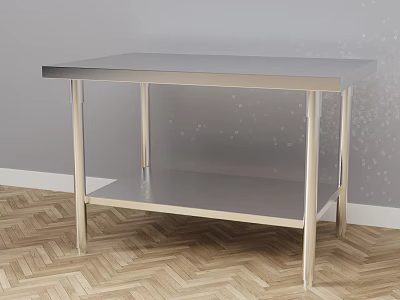 Stainless Steel Kitchen Workbench With Two Tiered Shelf On Wooden Floor And Gray Wall 3d model