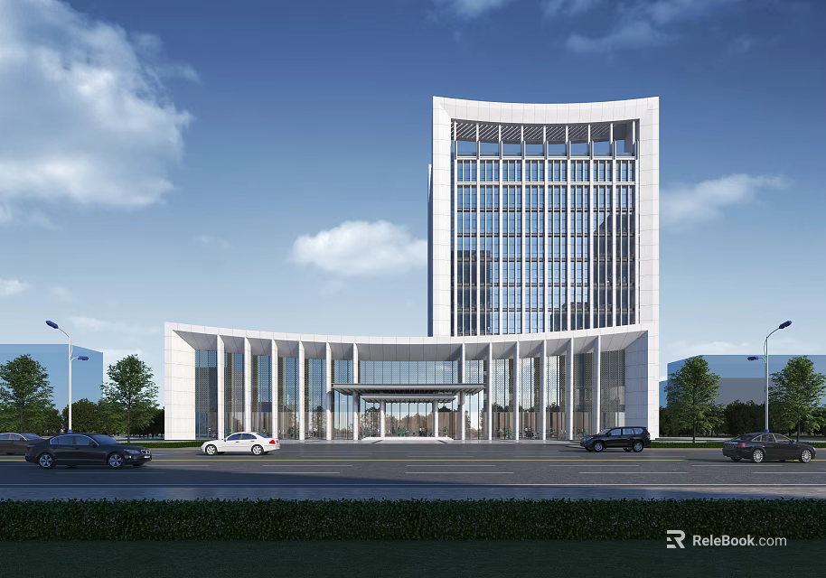 Modern Office Building Exterior With Glass Curtain Wall Grand Entrance Trees And Cars On Road 3d model 