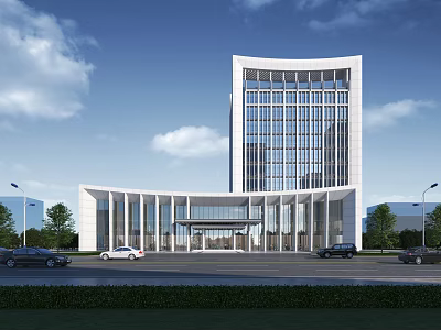 Modern Office Building Exterior With Glass Curtain Wall Grand Entrance Trees And Cars On Road 3d model