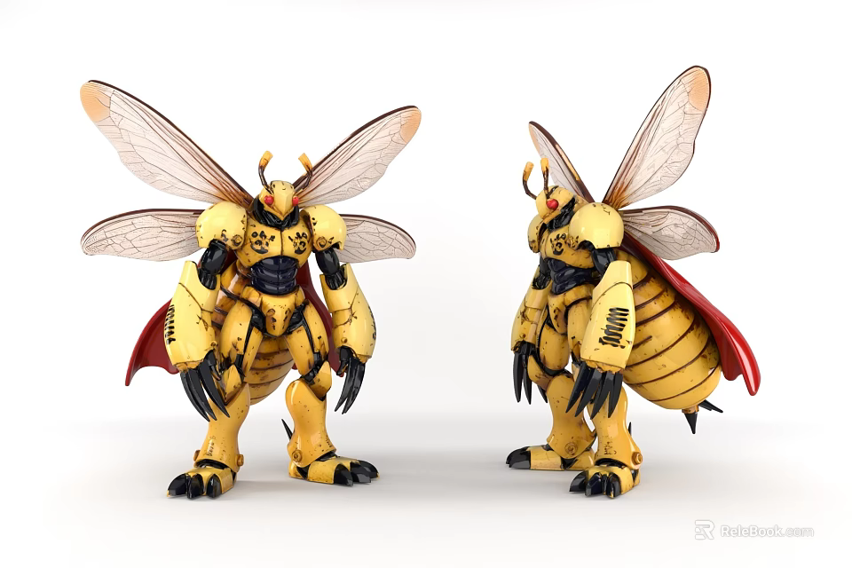 Two Game Movie Characters Yellow Mechanical Bee With Wings And Red Cape 3d model 