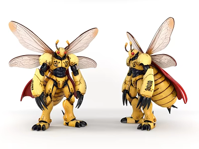 Two Game Movie Characters Yellow Mechanical Bee With Wings And Red Cape 3d model