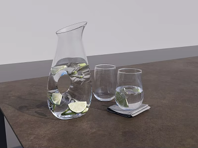Transparent Glass Pitcher With Lime Slices And Water Alongside Glasses On Dark Table Surface 3d model