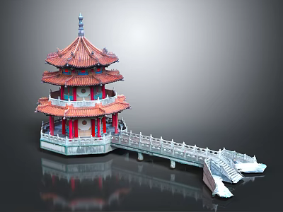 Cartoon Scene Of Chinese Multi Tiered Tower With Red Roofs Stone Bridge And Water Reflection 3d model