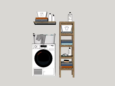 Efficient Washing Machine In Laundry Area With Wooden Shelf Detergent Bottles And Folded Clothes 3d model