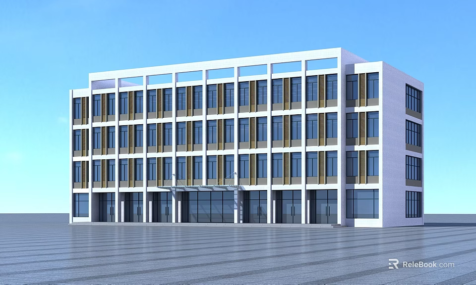 Modern Multi storey Office Building Exterior Featuring White Facade Large Windows And Open Square 3d model