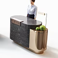 Modern Reception Desk With Vertical Stripe Panel Black Countertop Golden Frame And Green Plants