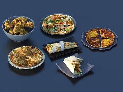 Assorted Delicious Food With Fried Chicken Vegetable Pizza And Wraps 3d model