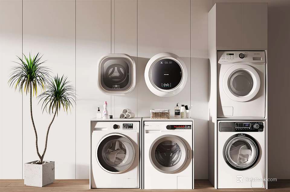 Modern Laundry Room Interior With Wall Mounted And Front Loading Washing Machines 3d model