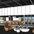 Modern Service Hall Interior with Linear Ceiling Lights Reception Desk Self-Service Kiosks and Comfortable Seating