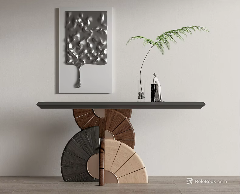 Stylish Console Table with Black Top Fan Shaped Wooden Base Fern Plant and Wall Artwork 3d model 