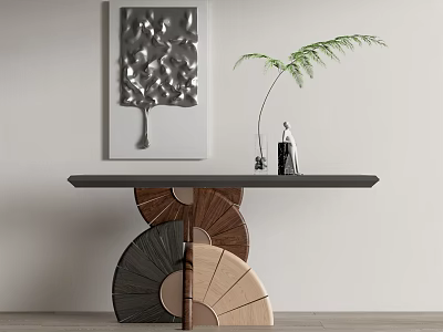 Stylish Console Table with Black Top Fan Shaped Wooden Base Fern Plant and Wall Artwork 3d model