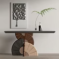 Stylish Console Table with Black Top Fan Shaped Wooden Base Fern Plant and Wall Artwork
