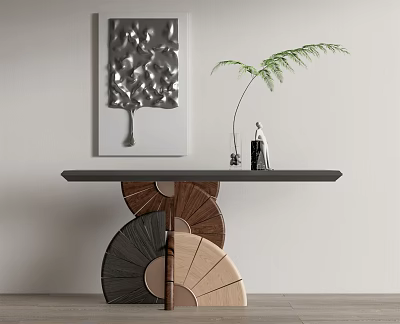 Stylish Console Table with Black Top Fan Shaped Wooden Base Fern Plant and Wall Artwork 3d model