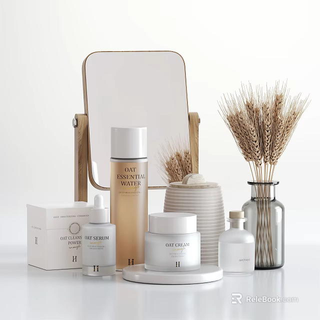 Cosmetics And Skincare Products With Hyaluronic Acid Wooden Mirror Wheat Decor On Vanity Table 3d model 