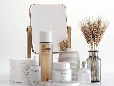 Cosmetics And Skincare Products With Hyaluronic Acid Wooden Mirror Wheat Decor On Vanity Table 3d model