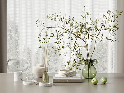 Natural Elements Decorative Ornament Set With Green Vase Twigs Books And Glass Cloche On Tabletop 3d model