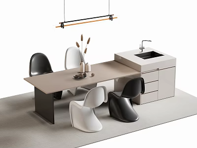 Modern Bar Counter Design With Wooden Top Black And White Chairs Pendant Light And Sink 3d model
